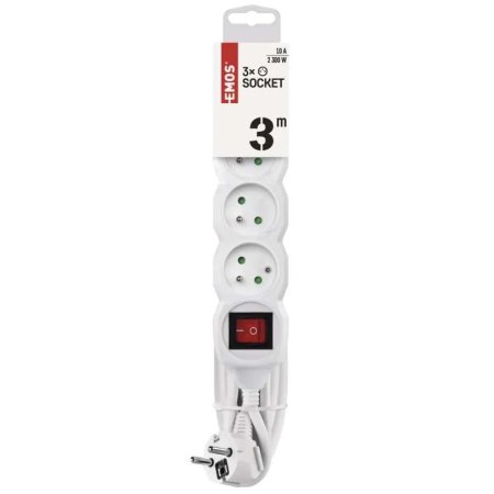 Predlžovací kábel 3m / 3 zásuvky / s vypínačom / biely / PVC / 1 mm2